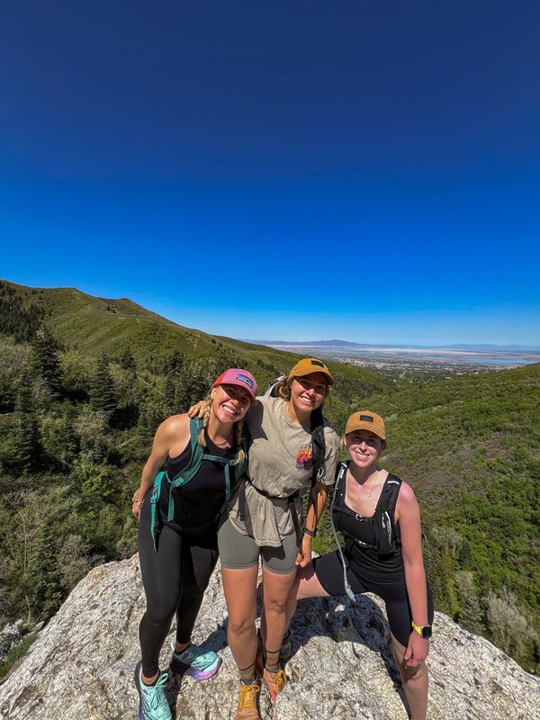 Three hikers on mountain summit with valley view